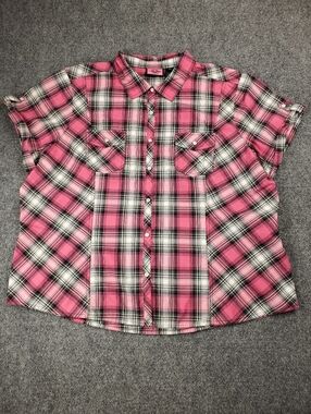 Harley Davidson Shirt Womens 3X 3XL Short Sleeve Button Up Pink Plaid Spellout